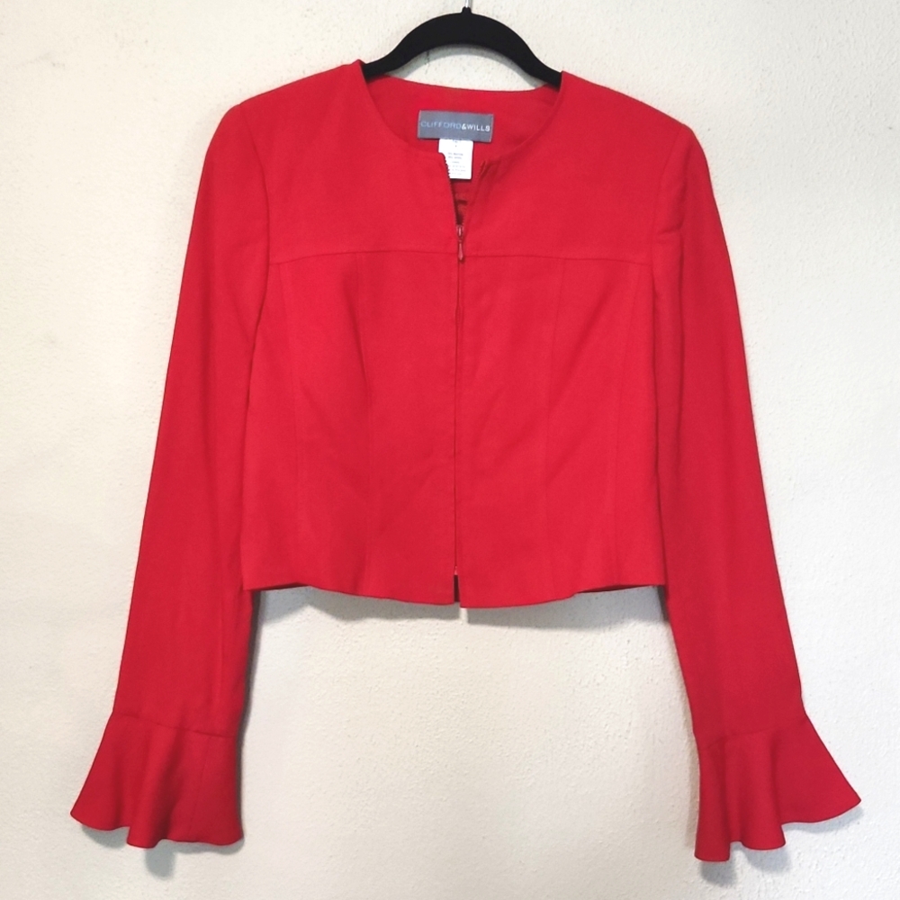 Clifford & Wills Red Wool Blend Cropped Jacket with Flared Sleeves Size 4